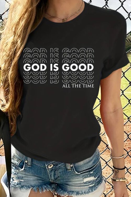 God Is Good Print T-Shirt, Short Sleeve Crew Neck Casual Top For Spring & Summer, Women’s Clothing