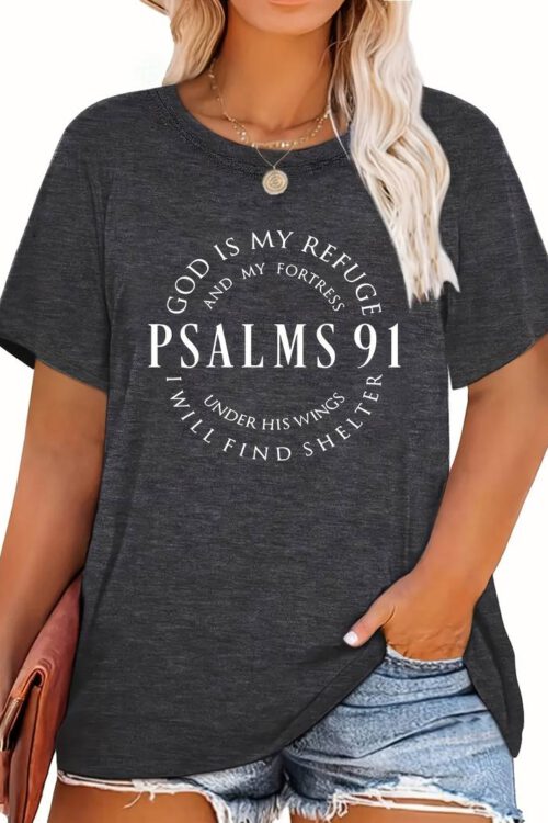 Plus Size God Is My Refuge Print T-Shirt, Casual Crew Neck Short Sleeve T-Shirt, Women’s Plus Size Clothing