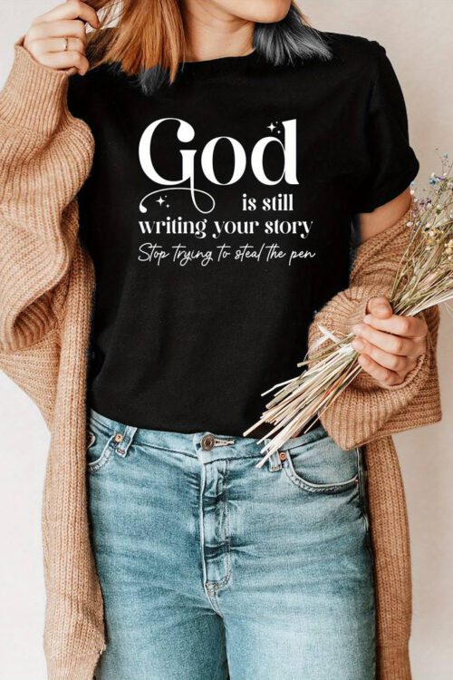 God Print T-shirt, Short Sleeve Crew Neck Casual Top For Summer & Spring, Women’s Clothing