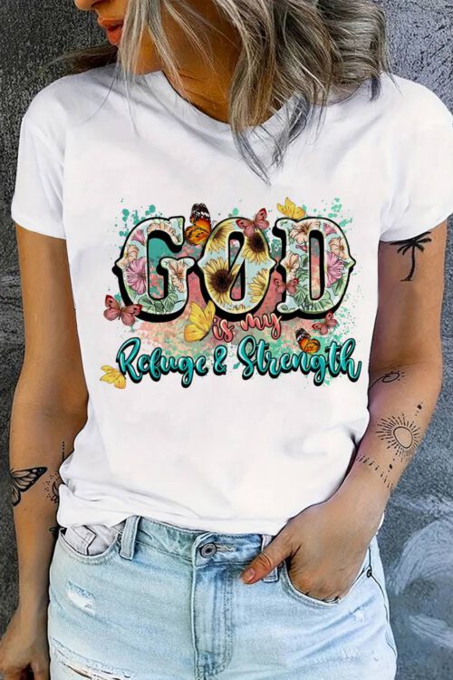 Christian God Letter Print T-shirt, Short Sleeve Crew Neck Casual Top For Summer & Spring, Women’s Clothing