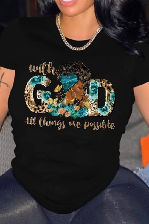 God Print T-shirt, Short Sleeve Crew Neck Casual Top For Summer & Spring, Women’s Clothing