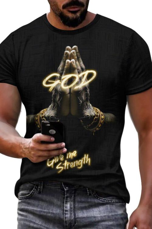 “God Give Me Strength” 3D Digital Printed Crew Neck Short Sleeve T-shirt For Men, Casual Summer T-Shirt For Daily Wear And Vacation Resorts