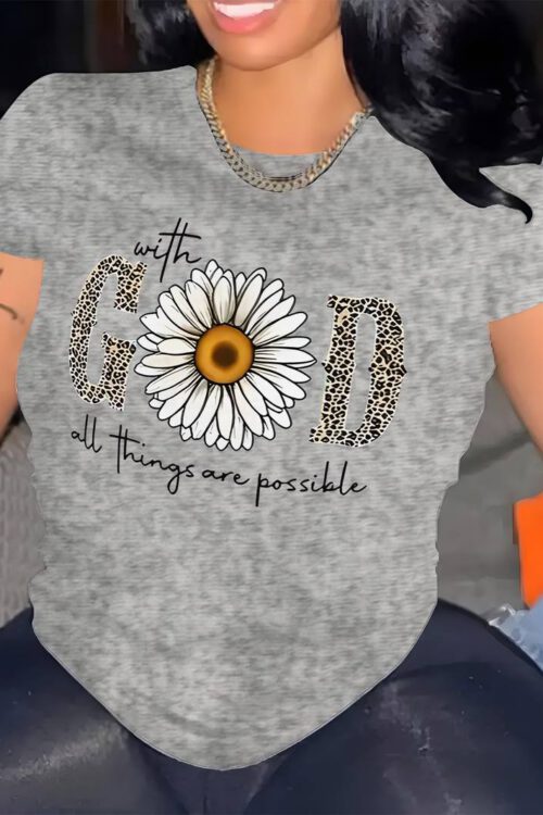 With GOD all things are possible Graphic print t-shirt short sleeve crew neck casual top for summer & spring women’s clothing