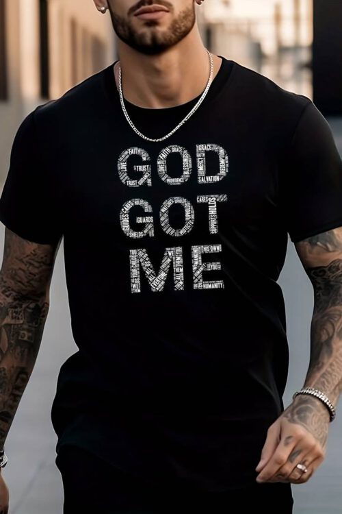 Creative God Get Me Print, Men’s Graphic Design Crew Neck Active T-shirt, Casual Comfy Tees Tshirts For Summer, Men’s Clothing Tops For Daily Gym Workout Running