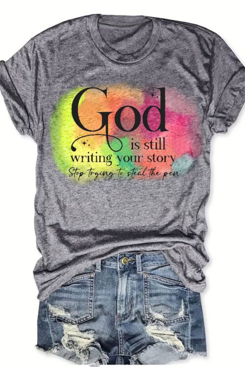 God Print Crew Neck T-Shirt, Casual Short Sleeve T-Shirt For Spring & Summer, Women’s Clothing