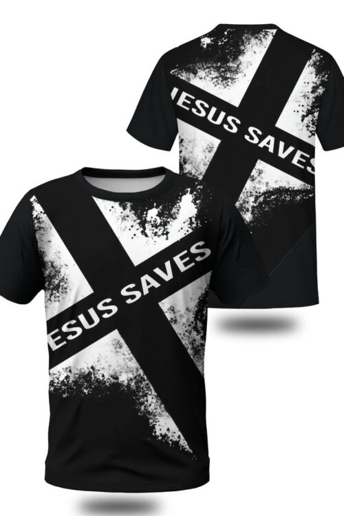 Plus Size Men’s Cross & “Jesus Saves” Graphic Print T-shirt For Summer, Outdoor Sports Short Sleeve Tees For Males