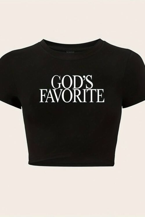 GOD FAVORITE Print T-Shirt, Y2K Crew Neck Short Sleeve Crop Tee For Spring & Summer, Women’s Clothing