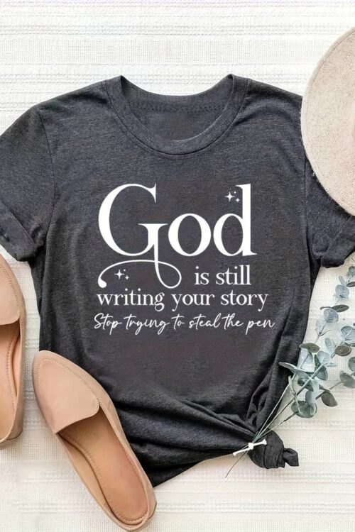 God Letter Print Crew Neck T-shirt, Casual Short Sleeve Top For Spring & Summer, Women’s Clothing