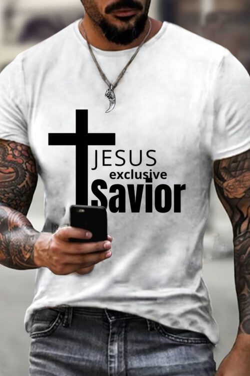 Plus Size Men’s Cross & “Jesus” Graphic Print T-shirt For Summer, Stylish Casual Short Sleeve Tees, Outdoor Sports Tops, Versatile