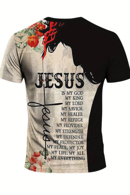 Men’s Religious Graphic T-Shirt With “Jesus” Inscriptions, Casual Comfort Fit, Round Neck Short-Sleeve Tee, Spiritual Faith-Based Clothing For Everyday Wear