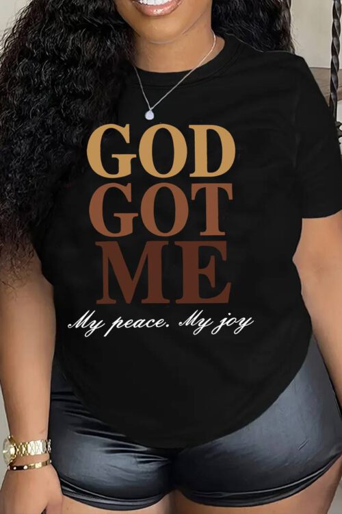 God Got Me Letter Print Crew Neck T-Shirt, Casual Short Sleeve T-Shirt For Spring & Summer, Women’s Clothing