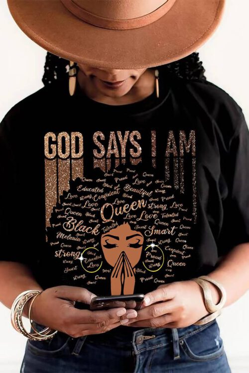 God Says I Am Letter Print T-shirt, Casual Crew Neck Short Sleeve T-shirt, Women’s Clothing