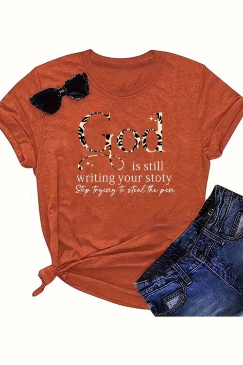 God Letter Print T-shirt, Short Sleeve Crew Neck Casual Top For Summer & Spring, Women’s Clothing