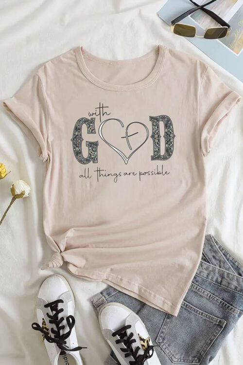 With God Letter Print T-shirt, Short Sleeve Crew Neck Casual Top For Summer & Spring, Women’s Clothing