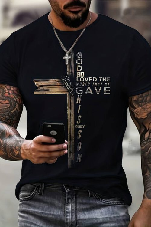 GOD & Cross Print, Men’s Graphic Design Crew Neck Novel T-shirt, Casual Comfy Tees Tshirts For Summer, Men’s Clothing Tops For Daily Vacation Resort