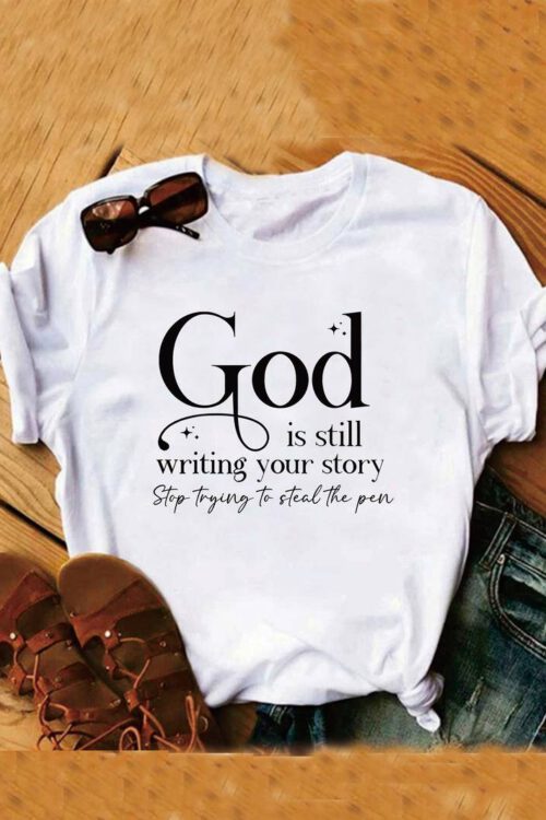 God Print T-shirt, Short Sleeve Crew Neck Casual Top For Summer & Spring, Women’s Clothing