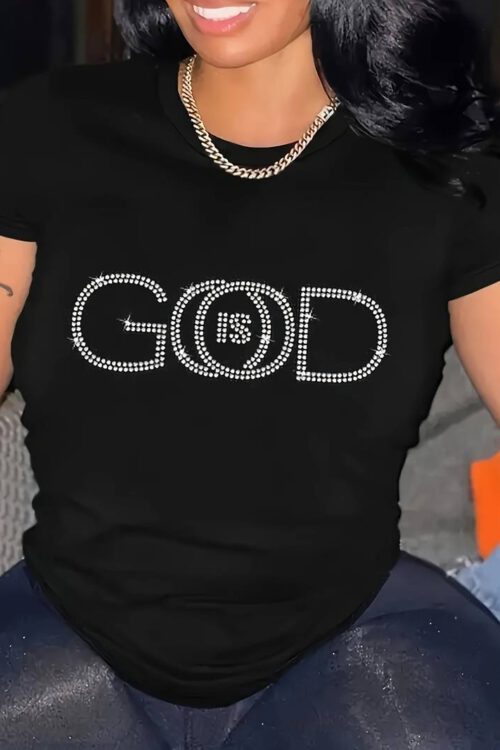 Plus Size God Letter Rhinestone T-Shirt, Casual Crew Neck Short Sleeve T-Shirt, Women’s Plus Size Clothing