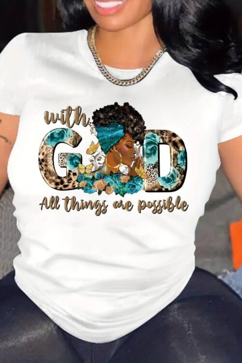 Black Lady & WITH GOD Print T-Shirt, Casual Crew Neck Short Sleeve Top For Spring & Summer, Women’s Clothing