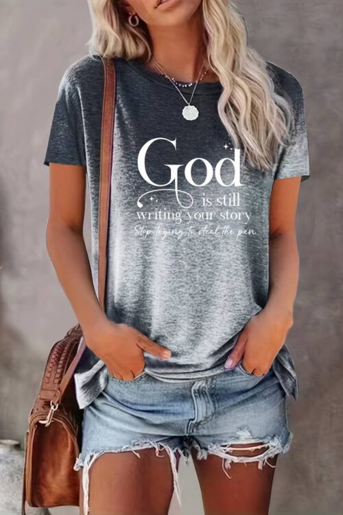 God Letter Print T-shirt, Casual Short Sleeve Crew Neck Top For Spring & Summer, Women’s Clothing