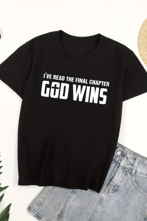 God Wins Print T-shirt, Short Sleeve Crew Neck Casual Top For Summer & Spring, Women’s Clothing