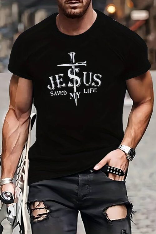 JESUS SAVED MY LIFE Alphabet Print Crew Neck Short Sleeve T-shirt For Men, Casual Summer T-Shirt For Daily Wear And Vacation Resorts