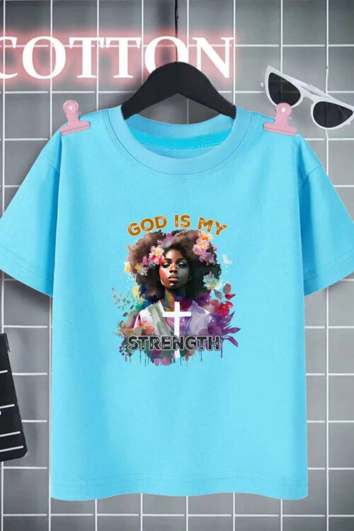 100% Cotton Girls/boys Breathable GOD IS MY STRENGTH Print T-shirt Tops For Summer Sports