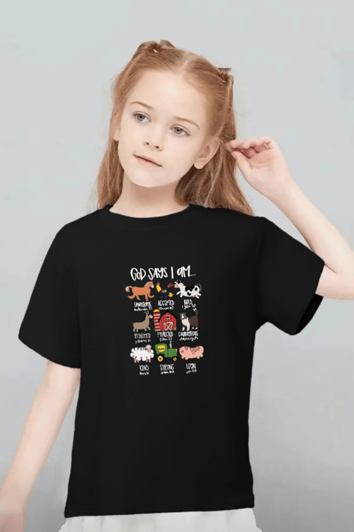 GOD SAYS I AM And Cartoon Animals Graphic Print, Girls’ Crew Neck Cotton Tees, Short Sleeve T-shirts For Spring And Summer, As Gifts For Girls