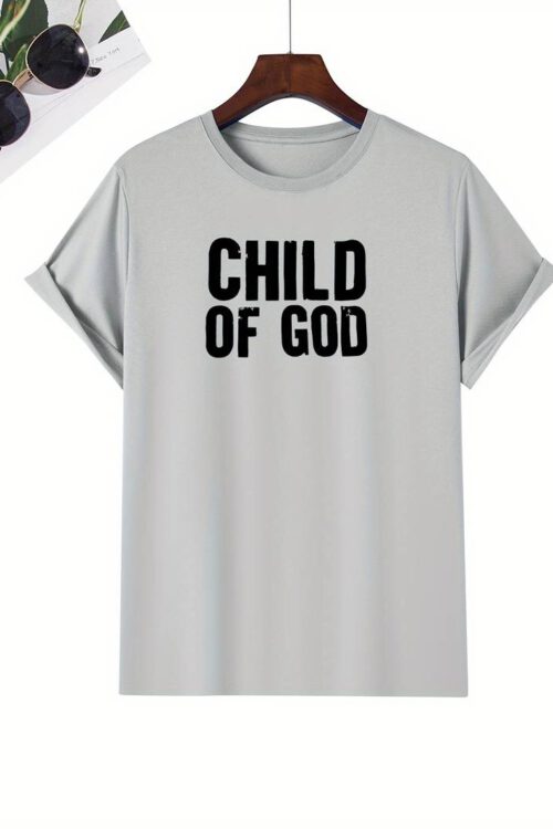 CHILD OF GOD Letter Print Men’s Casual & Breathable Crew Neck Short Sleeve T-shirt, Men’s Summer Top