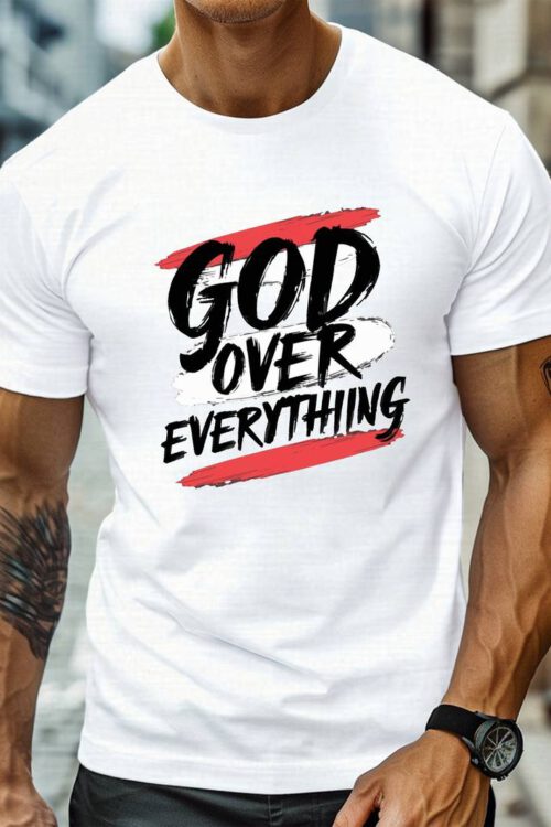 Plus Size Men’s Summer T-shirt, GOD OVER EVERYTHING Graphic Print Short Sleeve Tees, Trendy Casual Tops For Daily Life, Big & Tall