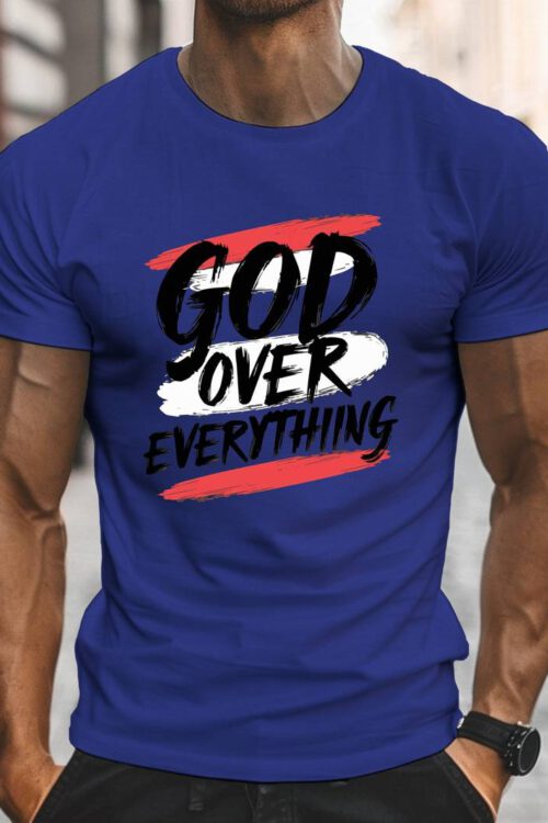 ‘ GOD OVER EVERYTHING ‘ Print Summer Men’s Crew Neck Short Sleeve T-shirt, Versatile Top For Daily Life & Outdoor Activities, Men’s Clothing