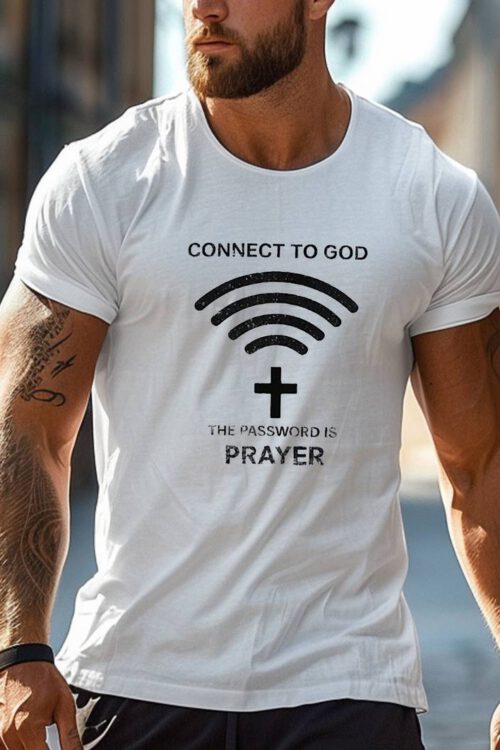 Connect To God Plus Size Men’s Loose Fit Graphic Print Casual Polyester T-Shirt – Round Neck Basic Knitted Tee For Summer