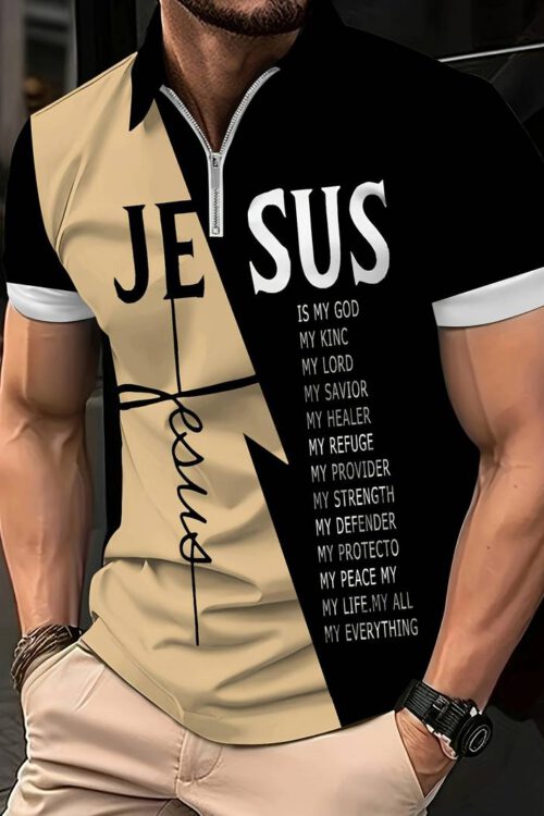 Plus Size Men’s “JESUS” Print Golf T-shirt For Summer, Creative Business/outdoor/sports Short Sleeve Tennis Tees