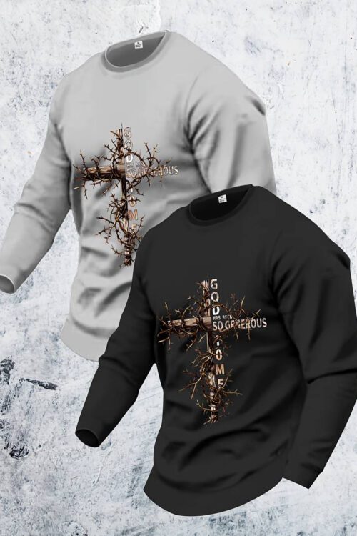 Men’s Creative Generous God Cross With Thorns And Vines Print T-shirt, Casual Short Sleeve Slight Stretch Crew Neck Tees For Summer