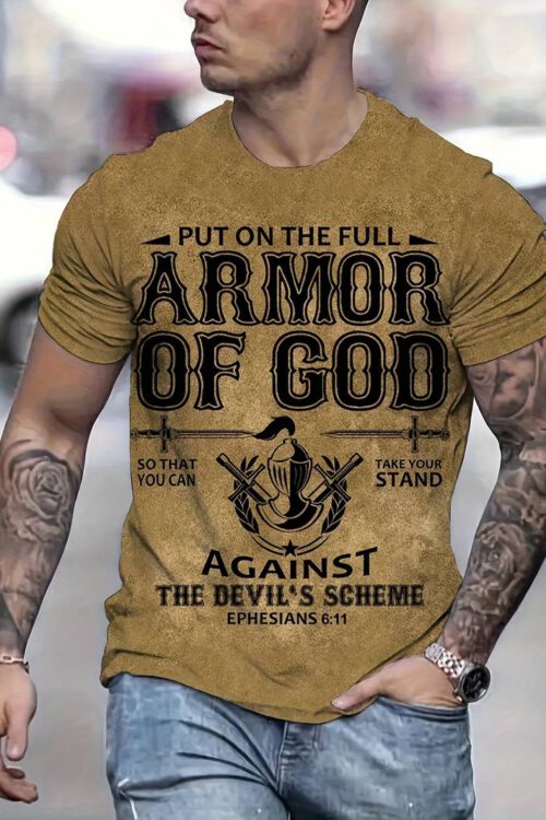 Plus Size Men’s Armor Of God Graphic Print T-shirt For Summer, Novelty Short Sleeve Tees For Males