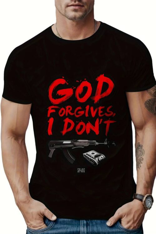 “GOD FORGIVES” Alphabet Print Men’s Crew Neck Short Sleeve T-shirt, Casual Summer T-Shirt For Daily Wear And Vacation Resorts