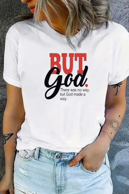 Women’s Inspirational “BUT GOD” Quote T-Shirt, Women’s Casual Round Neck Short Sleeve Top, Letter Graphic Sports Tee, Fashionable Activewear