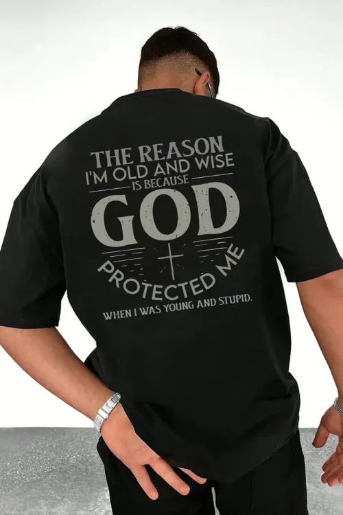 God Protected Me Graphic Tee – Crew Neck, Slightly Elastic, Polyester, Alphabets Pattern, Casual Style for Summer and Autumn – Mens Relaxed Fit T-Shirt