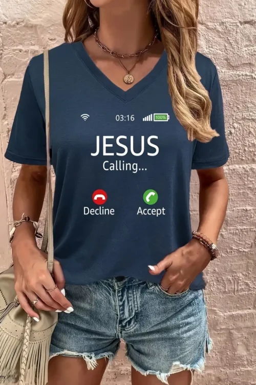 Jesus Calling Print T-Shirt, Short Sleeve V Neck Summer Casual Top, Women’s Clothing